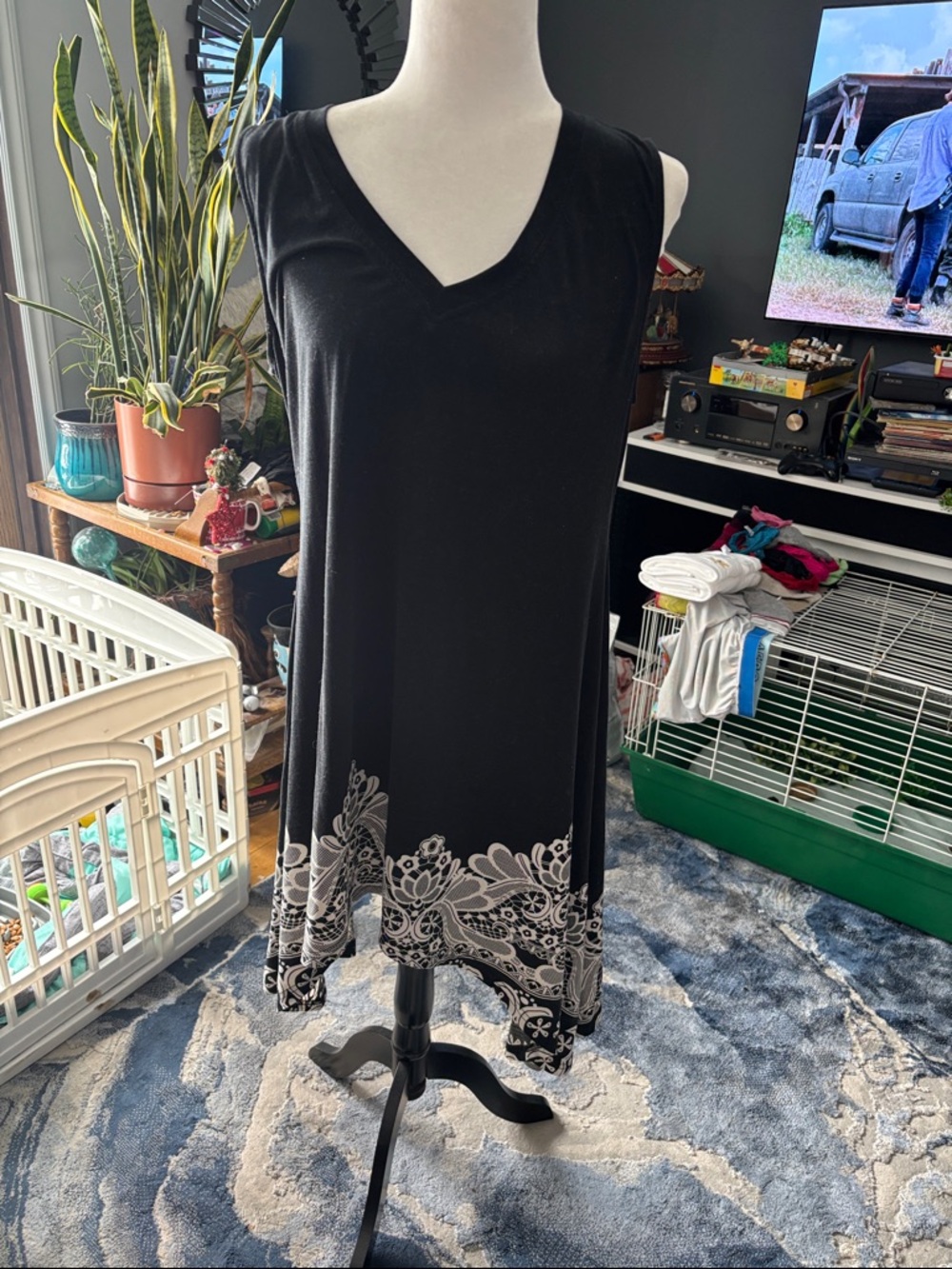 Black V-Neck Asymmetrical Dress with Decorative Hem